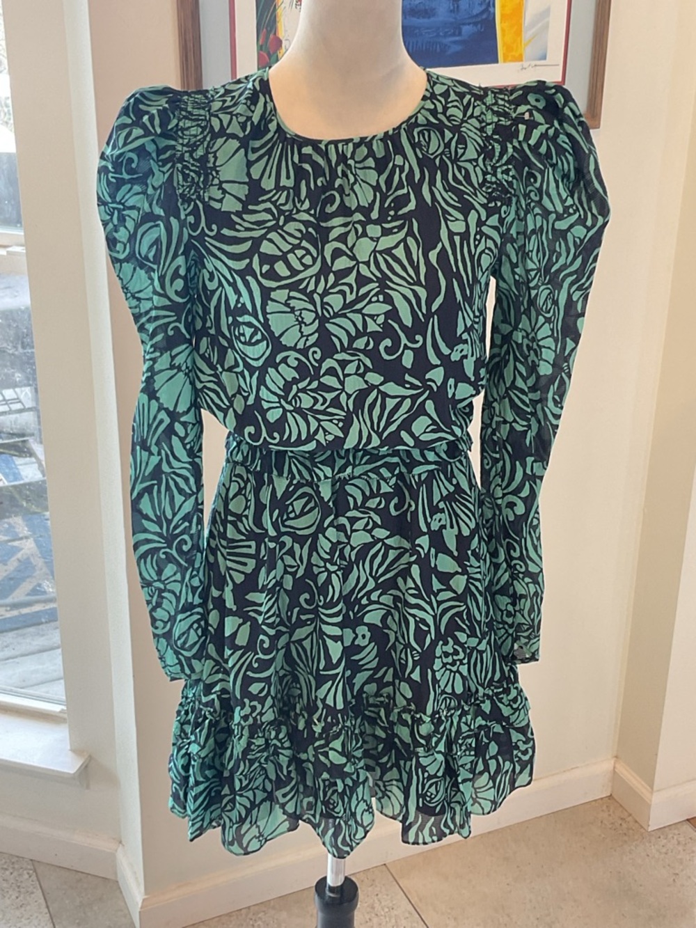 SILK Tanya Taylor Teal and Black Floral Long-Sleeve Dress - Picture 4 of 12